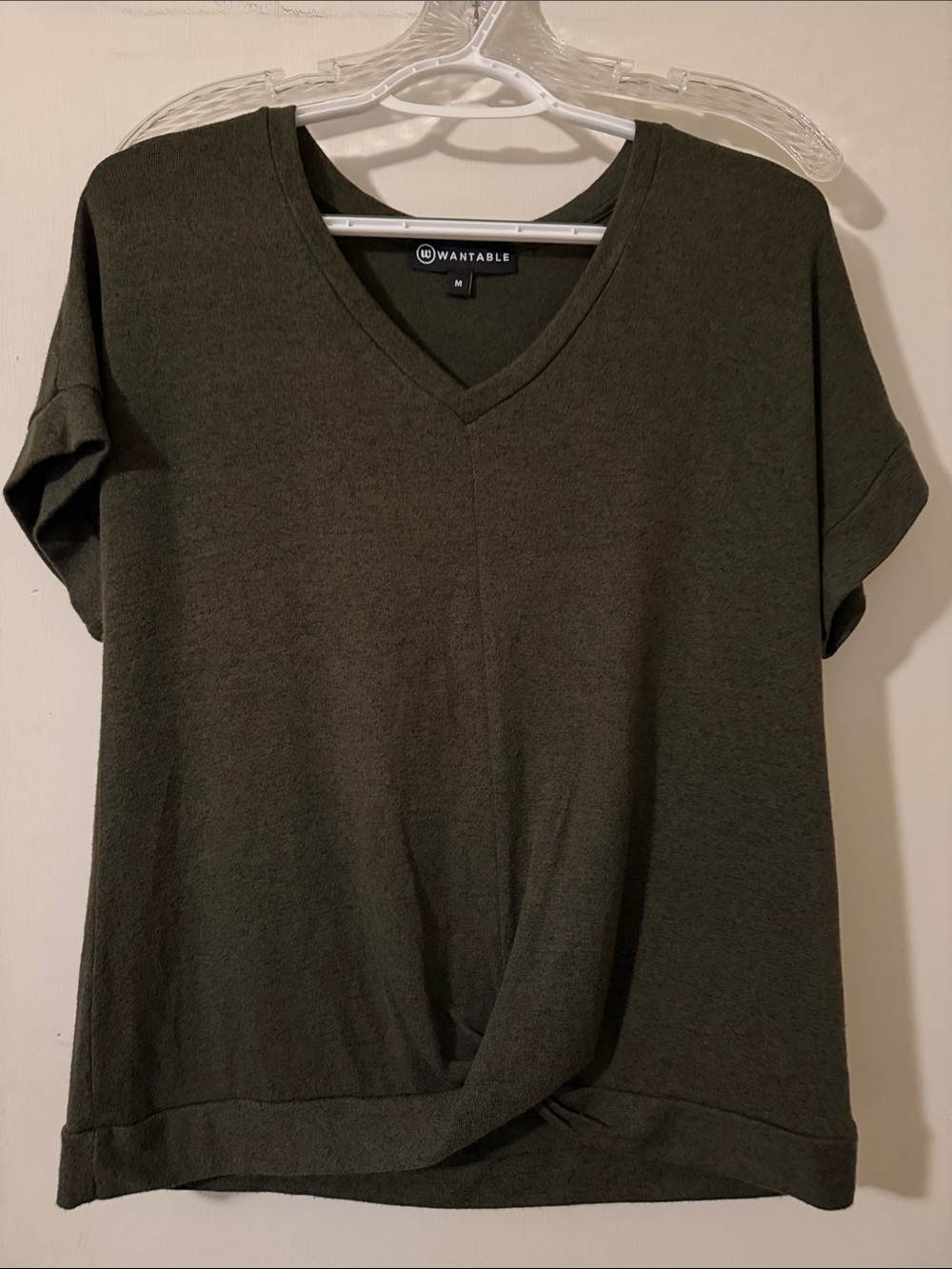 Wantable V-Neck Short Sleeve Twist Hem Top in Olive